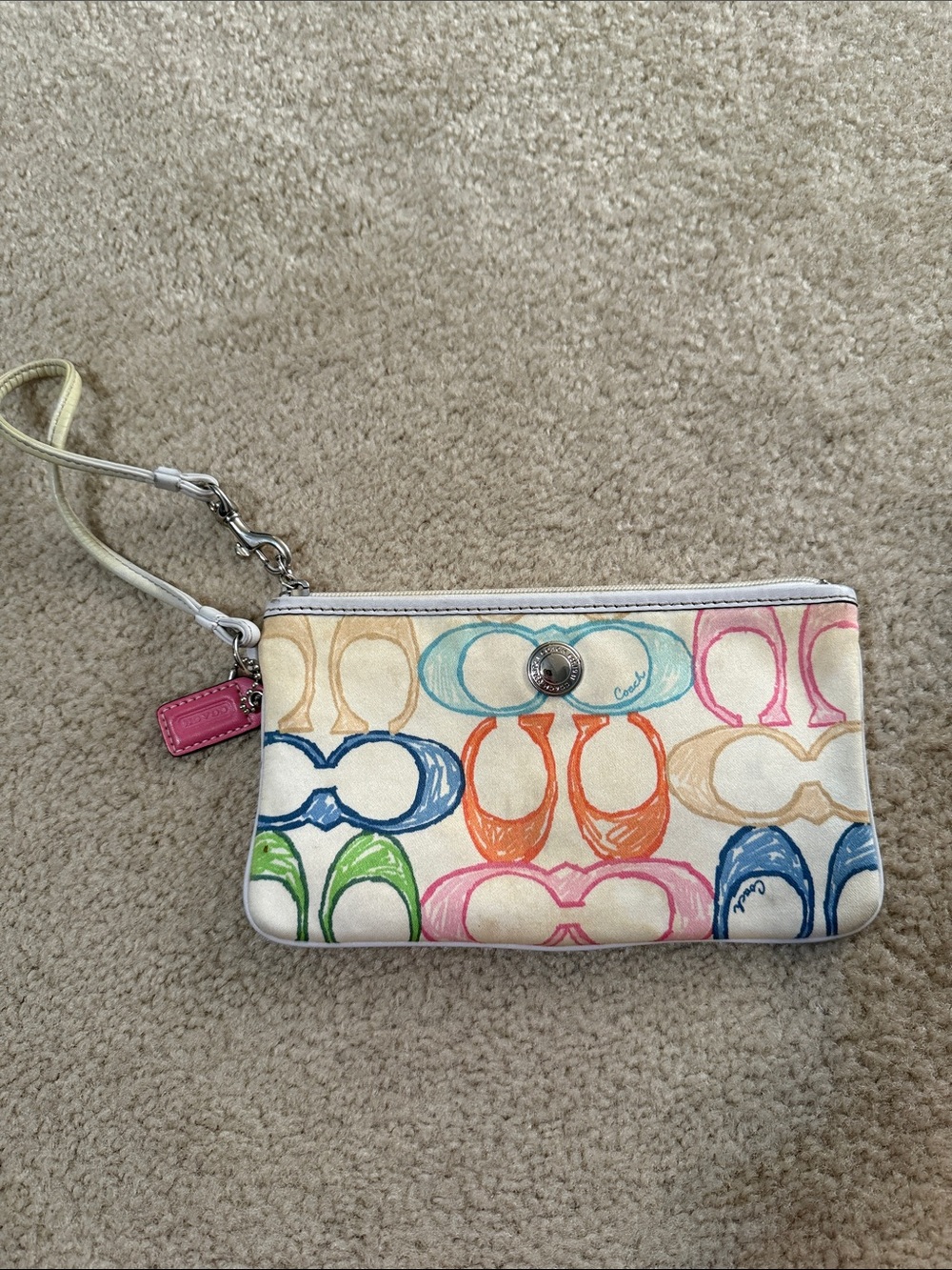 Coach Cream Wristlet with Multicolor Logo Print